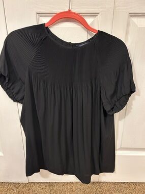 Lands' End Black Pleated Yoke Short Puff Sleeve Blouse